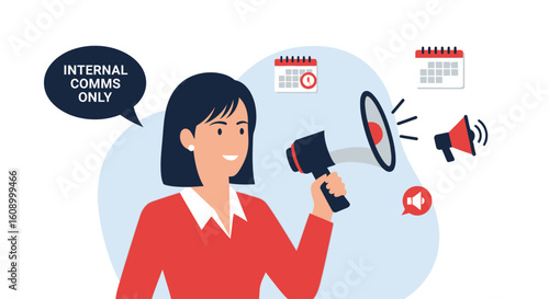 Businesswoman using a megaphone for internal communication, with calendar and notification icons.