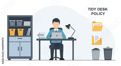 Businessman working at a tidy office desk, with a policy sign.