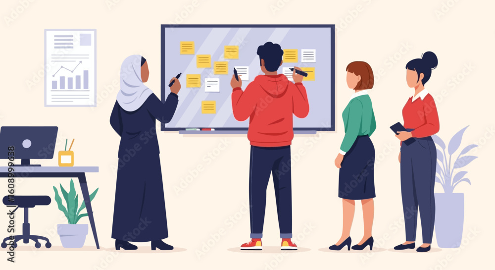 Diverse team collaborates on project, brainstorming ideas on whiteboard using sticky notes in modern office. Diverse team collaborates on project, brainstorming ideas on whiteboard using sticky notes in modern office.