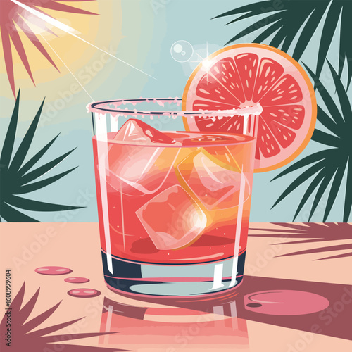 A Soft Digital Painting of a Grapefruit Cocktail in a Rocks Glass with Ice Cubes Salted Rim and Palm Leaves Background Pastel Pink and Teal