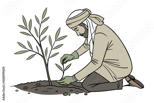 A man wearing traditional clothing and a turban carefully plants a young sapling in the soil symbolizing growth and environmental care