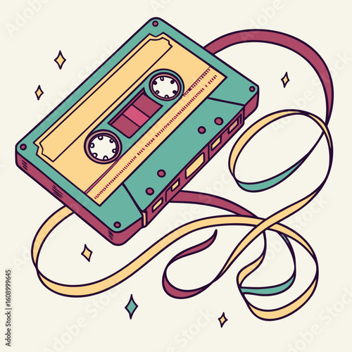 Decorative cassette tape unraveling into musical wave patterns retro color scheme textured illustrative style