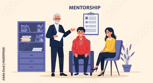 Elderly mentor guides two young adults in a supportive mentorship session.