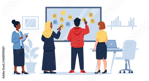 Diverse team collaborates on project, brainstorming ideas on a glass board using sticky notes in an office setting.