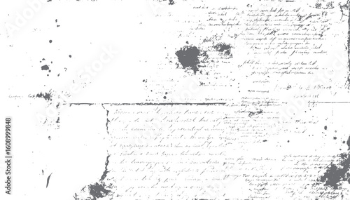 Distressed vintage document texture art. Handwritten grunge script overlay. Old paper background with faded ink details.