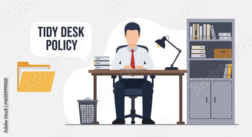 A businessman sits at a clean, organized desk, illustrating a tidy desk policy in the workplace.