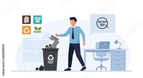 A businessman disposes of trash in a tidy bin in a modern office, promoting cleanliness and waste management.