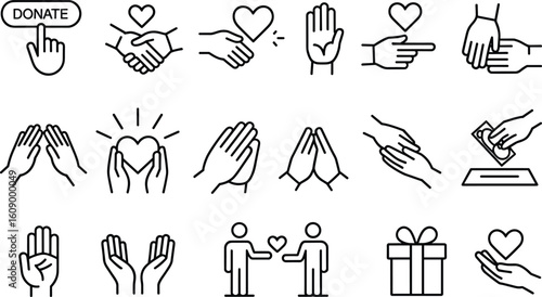 Charity and Donation Icon Set for Giving, Helping, Fundraising, Volunteer Support, Kindness, and Humanitarian Aid, Editable Vector Graphics