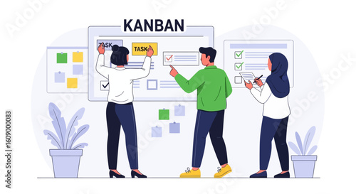 Three diverse people collaborating on a Kanban board to manage tasks and projects in an office setting.