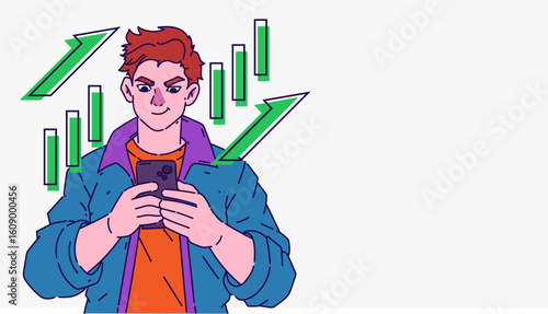 Crypto and stocks Trader Checking Market on Phone with happy and excited expression looking at green candles
