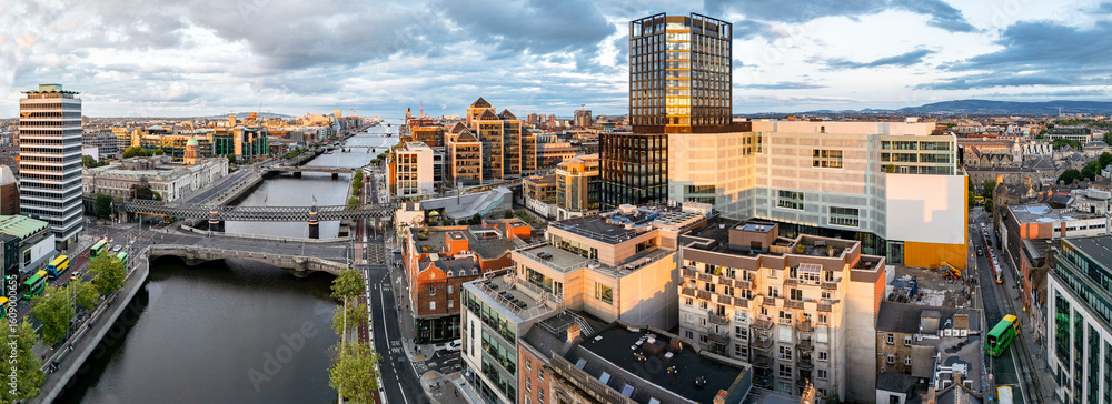 Obraz premium Aerial view of Dublin and river Liffey in summer, Ireland - All brands and logos removed