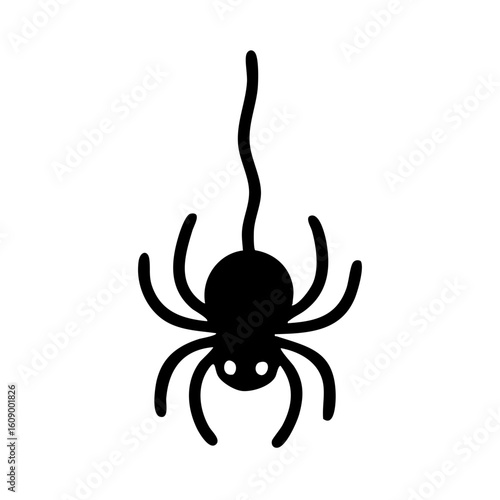 Black silhouette of hanging spider in simple flat vector style. Hand-drawn look, minimal and bold on white background. Great for Halloween decor, party invites, stickers, kids crafts, web icons.