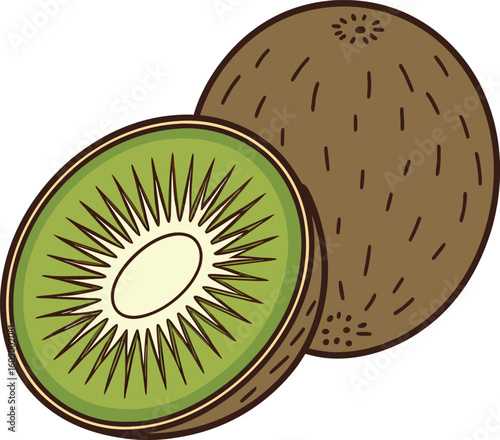 Whole and halved ripe kiwi fruit with green flesh and black seeds