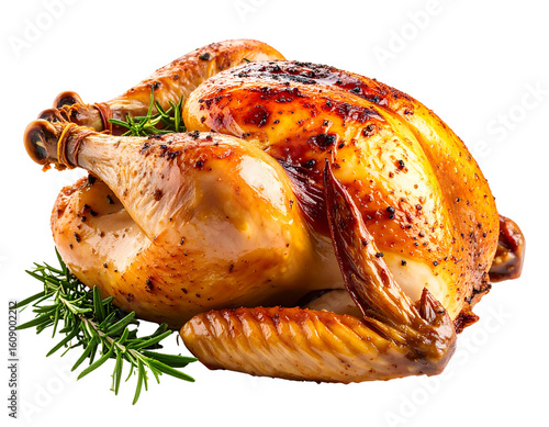 Whole Roasted Chicken with Crispy Skin and Herbs, Front Angle View, Transparent Background