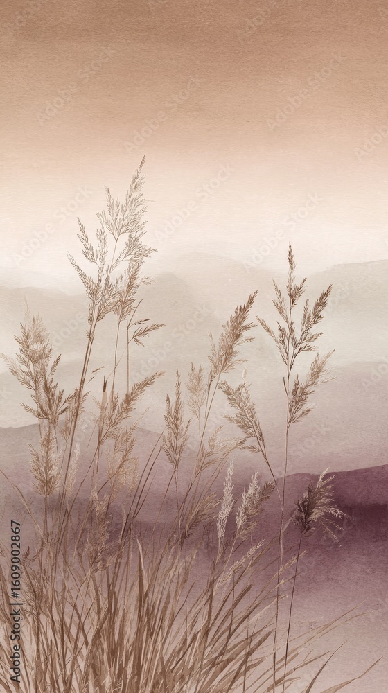 Obraz premium Soft watercolor pastel wallpaper design featuring dry grass in fog, creating a serene and natural atmosphere for interior walls with delicate aquarelle texture and muted tones.
