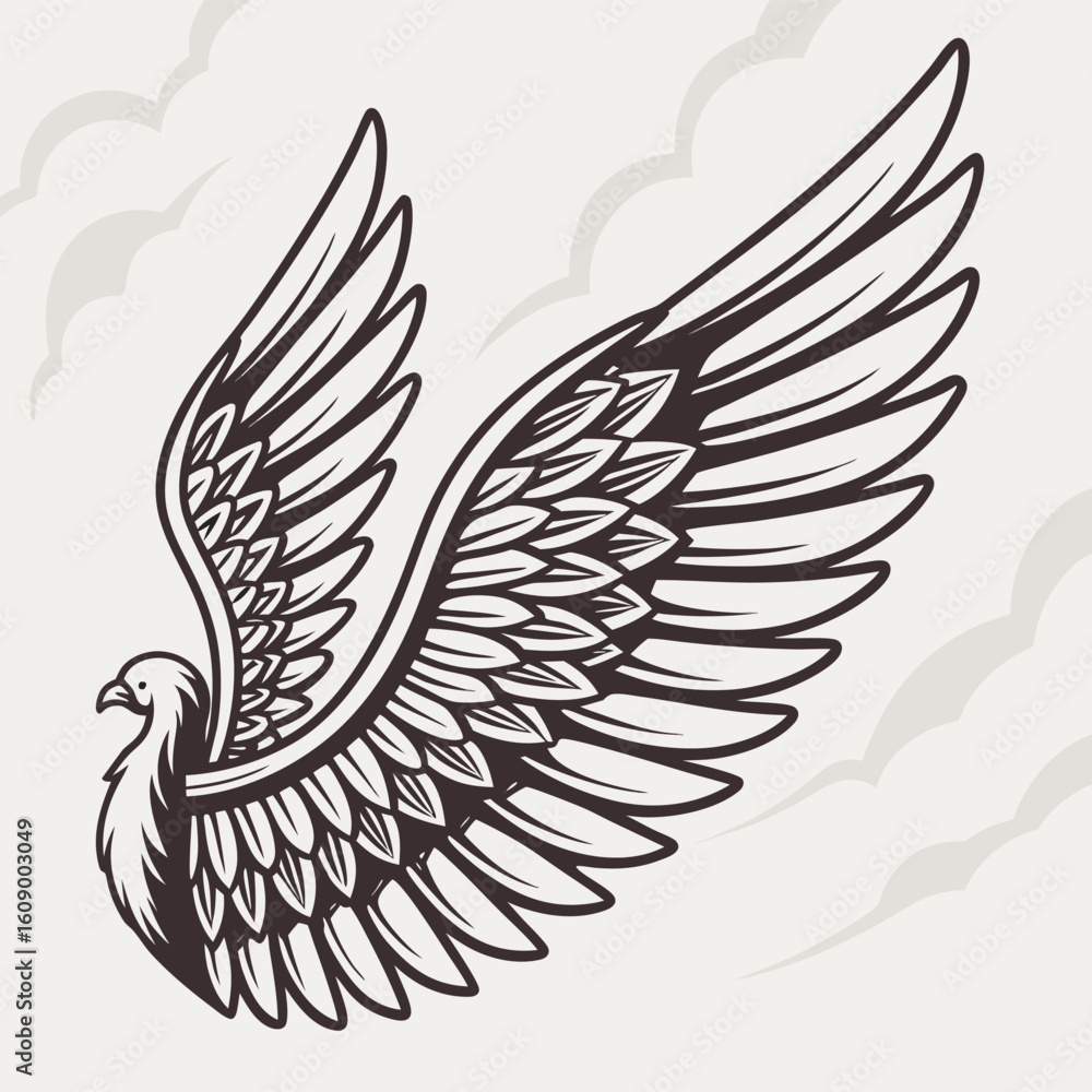 Obraz premium vintage black and white wings engraved etching style symmetrical composition vector illustration of a bird