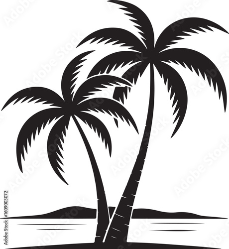 Black silhouette of two palm trees on a tropical island vector