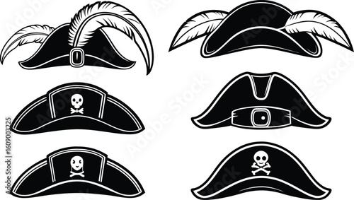 Collection of six vintage pirate hats with feather and skull designs