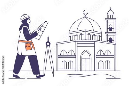 Architectural blueprint of a mosque under construction with a surveyor measuring the site