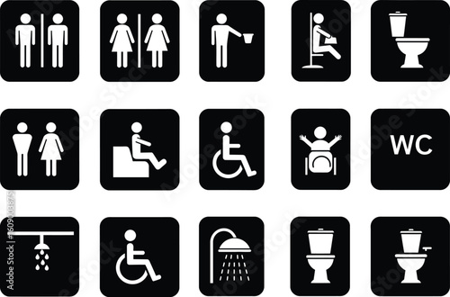 Set of toilet icons. Editable convenience symbols. washroom, restroom editable vector icons. Toilet pictogram, unisex shower symbol. Baby changing room, public bathroom signs.