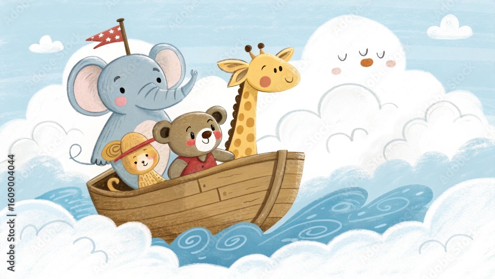 Obraz premium Adorable cartoon animals sailing a boat through clouds, a whimsical adventure for children's stories and designs