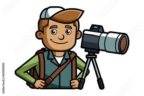Enthusiastic cartoon photographer with a professional camera and tripod ready for capturing memorable moments outdoors