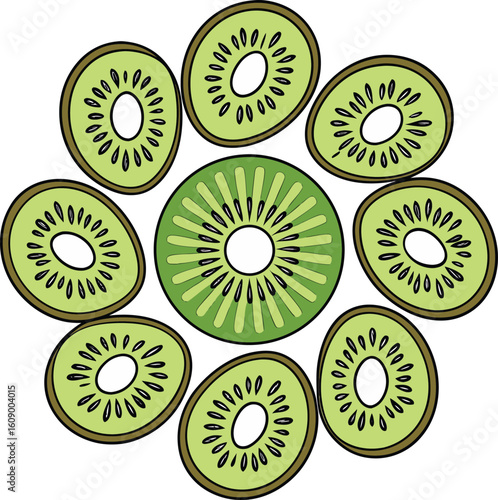 Freshly sliced kiwi fruit arranged in a circular pattern