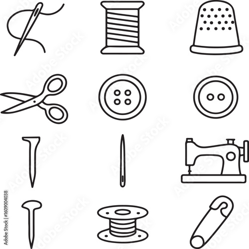 Sewing & Tailoring Tools Icon Set - Retro Thin Line Vector