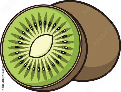 Fresh ripe kiwi fruit slice and whole fruit isolated on white background