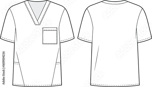 Classic Medical Scrubs Uniform with a V-Neck Top and Patch Pockets, a Healthcare Apparel Technical Flat Drawing Vector
