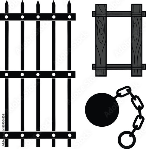 Medieval prison elements including bars stocks and ball and chain