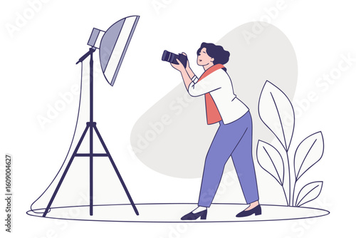 Creative photographer captures moment with professional studio lighting and natural plant elements in a stylized illustration