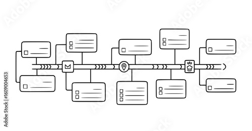 Timeline illustration showing a sequence of events and tasks connected along a central path, isolated on white background