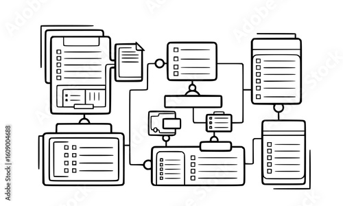 Database schema diagram illustrating data organization and relationships isolated on white background
