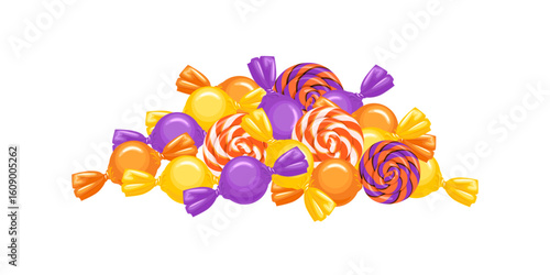 Heap of yellow, orange and purple candy. Vector cartoon flat illustration