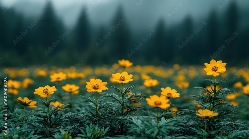 Obraz premium Yellow wildflowers bloom in a misty mountain meadow