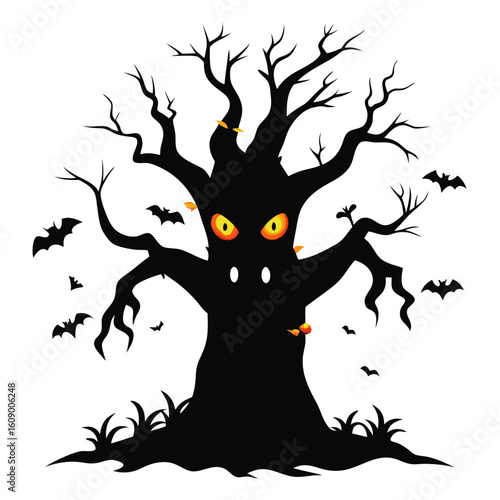 Spooky Halloween haunted tree with glowing eyes and bats, perfect for eerie holiday designs and scary invitations