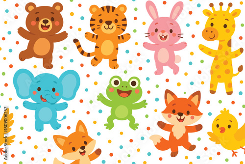 Cute cartoon animals dancing and celebrating with confetti and streamers