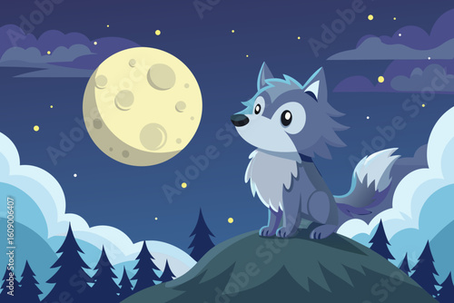 Cute cartoon wolf howling at the moon under a starry night sky in a whimsical, fun illustration