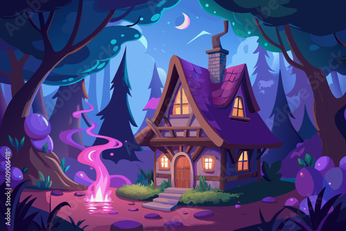 Enchanting fairytale cottage nestled in whimsical forest, radiating warmth and magic under moonlight