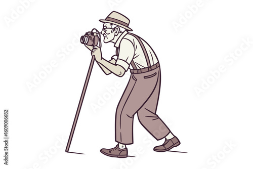 Elderly gentleman with fedora and suspenders capturing a moment with his vintage camera and tripod
