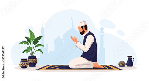 Muslim Man Praying in Front of Mosque with Prayer Rug