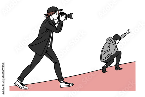 A fashionable photographer captures a crouching subject on a sloping surface in a minimalist line art illustration