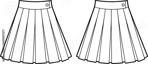  Women's Pleated Mini Skirt Flat Sketch: Classic A-Line Silhouette with Side Button Closure, Versatile Apparel Design Template