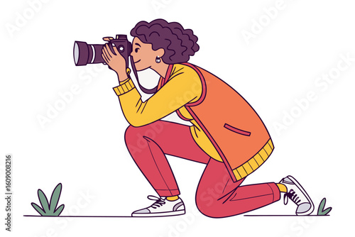 Artistic illustration of a woman photographer kneeling down to capture a perfect shot with her professional camera