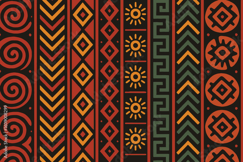 Vibrant african tribal pattern with geometric shapes and sun motifs