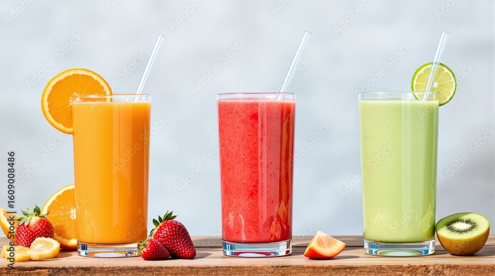Fototapeta premium Refreshing Fruit Smoothies and Juices on Wooden Surface