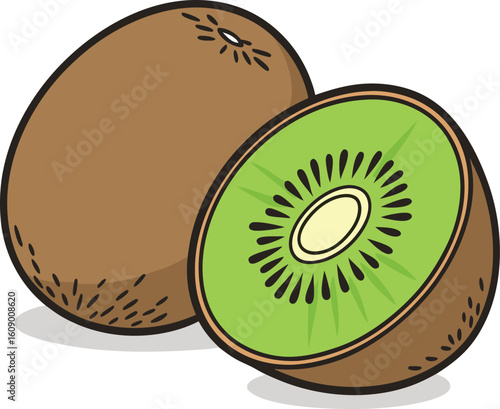 Whole and halved kiwi fruit illustration with vibrant green flesh and black seeds