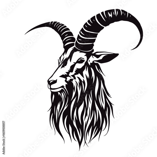 A goat with horns on a white background, an animal isolated on white
