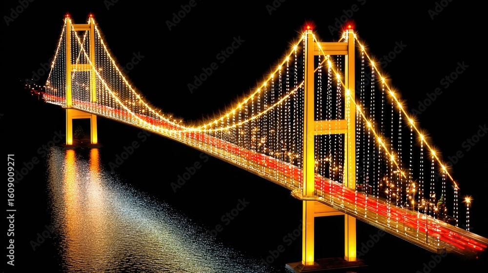 Obraz premium Illuminated Bridge at Night Showcasing Vibrant Lights Over Water with Traffic Flowing in Scenic Urban Landscape